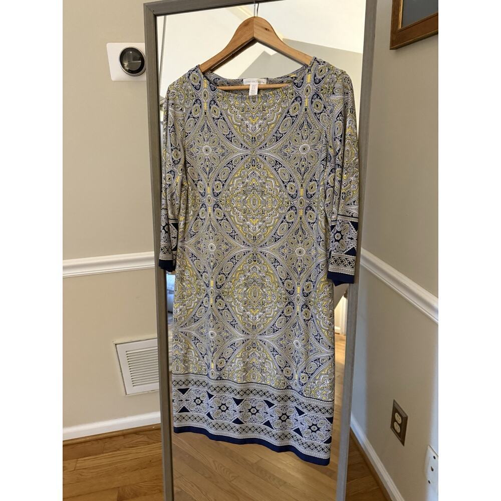 London Times Blue Yellow Paisley Medallion Shift Dress 12